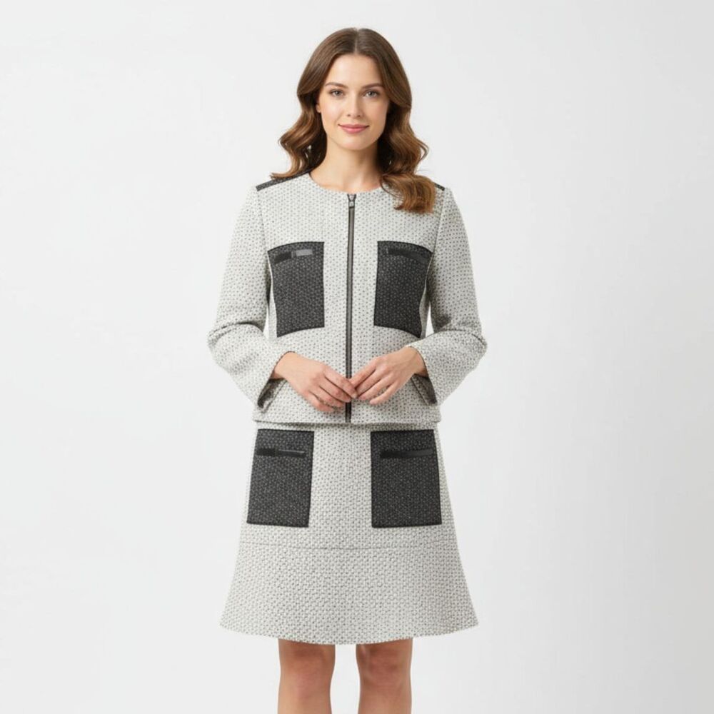 Ann Taylor SET Gray Woven Collarless Parchwork Jacket & Skirt  NEW